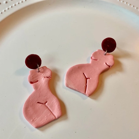 Handmade Clay Earrings | Forms of a Woman Silhouette | Pink and Purple - Picture 4 of 8
